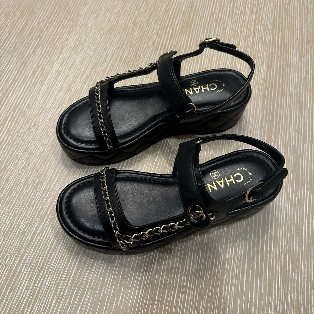 CHANEL Black Platform Sandal with Gold Chain Trim - Picture 3 of 12